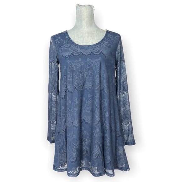 Altar'd State Blue Lace Long Sleeve Mini Tunic Dress Size S - Picture 1 of 5
